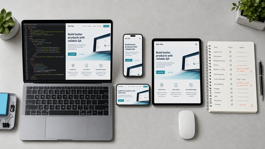 Laptop, smartphones and tablet displaying responsive website layouts beside a detailed QA testing checklist.