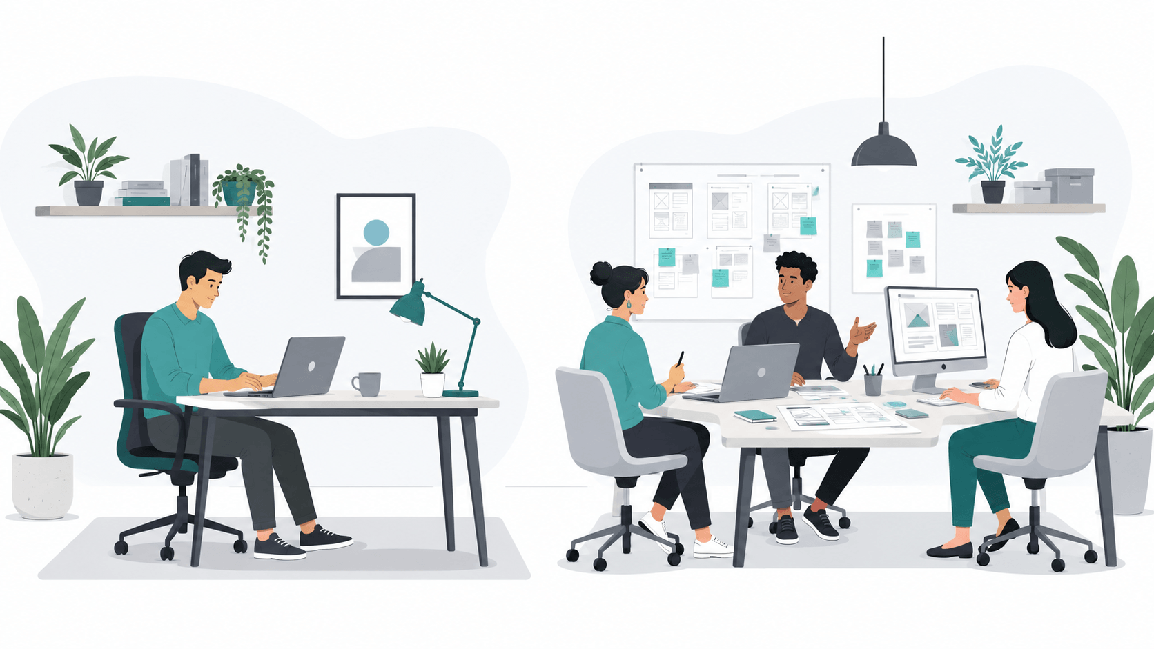 Independent web designer working alone beside a collaborative web design agency team in a side-by-side illustration.